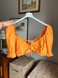 Pomarańczowy krótki wiązany crop top z bufiastymi rękawkami H&M