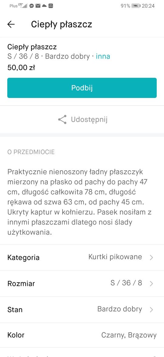 Ciepły płaszcz rozm. S