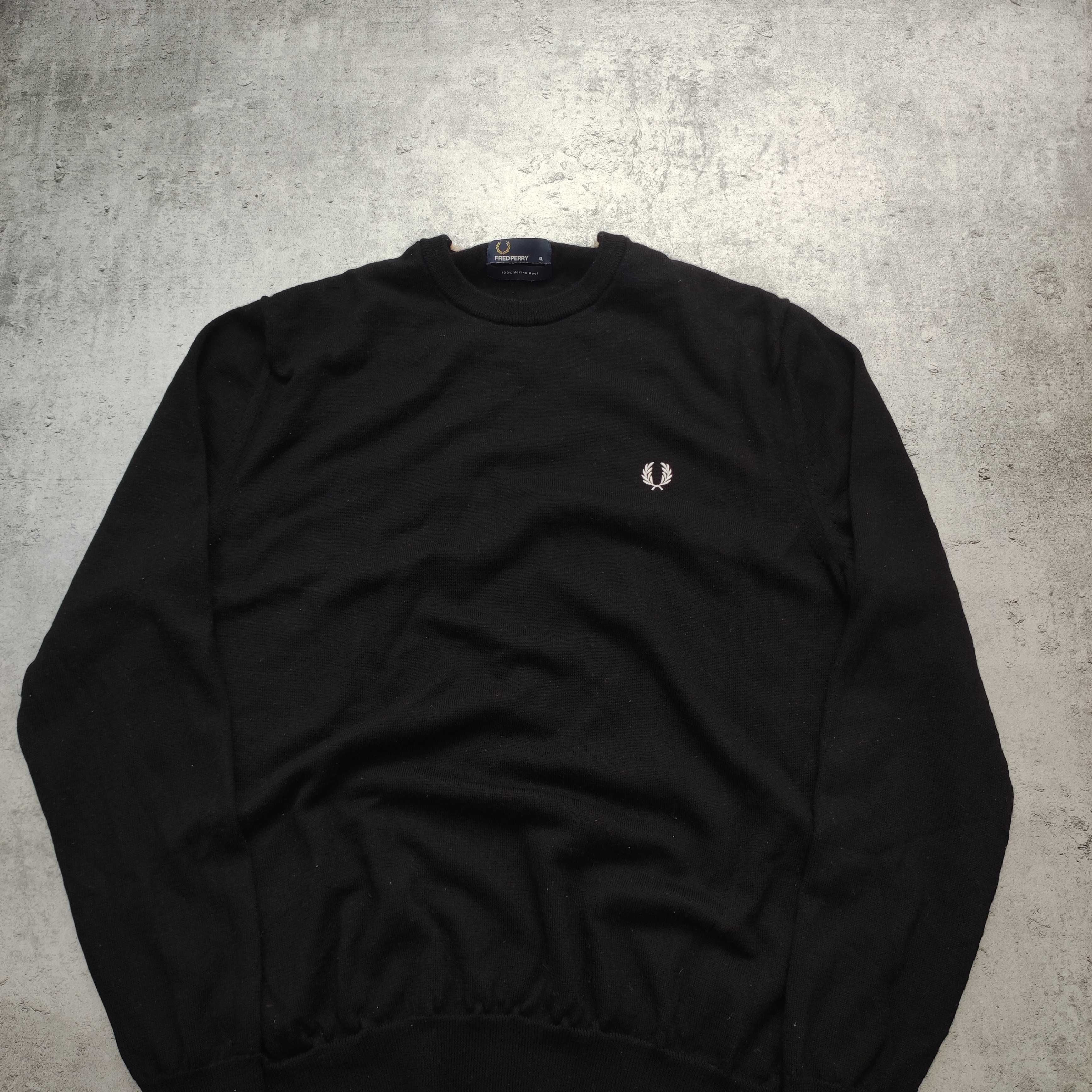 MĘSKI Elegancki Sweter Wełna MERINO Premium Czarny Pleciony Fred Perry