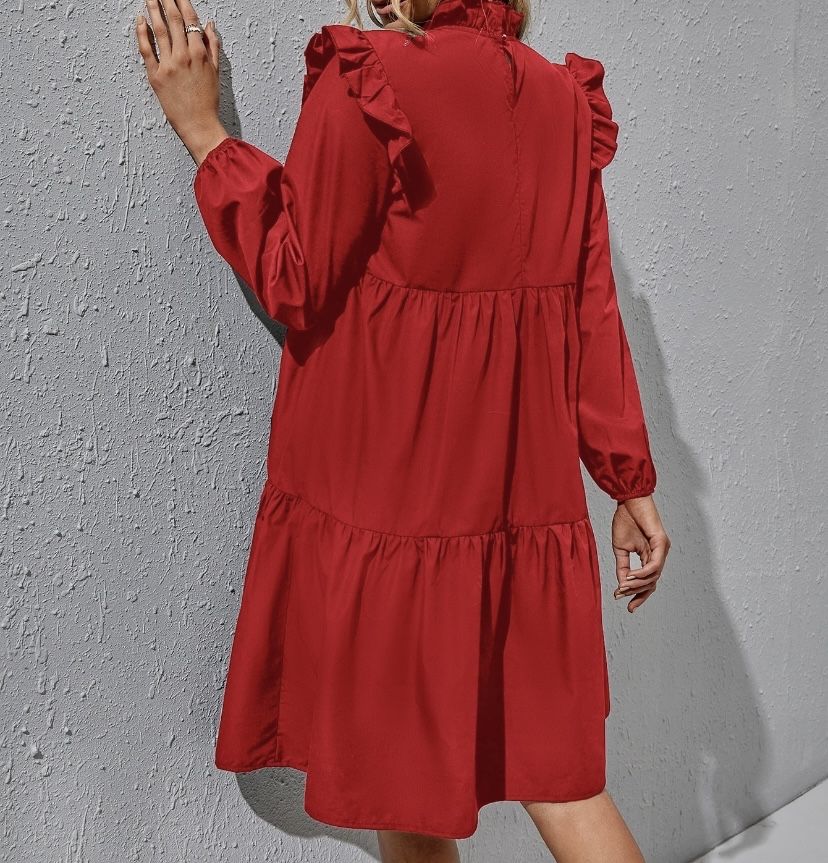 Shein L/XL 40/42 czerwona sukienka z długimi rękawami i falbanami