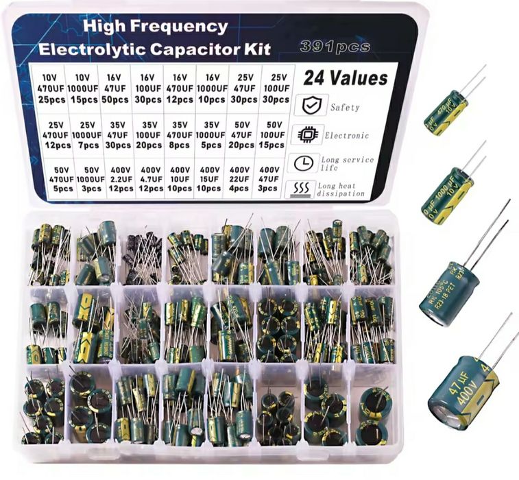 Набори електролітичних та керамічних конденсаторів.