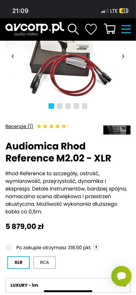 Interkonekt kabel przewód  XLR Audiomica Rhod Reference 2x1m