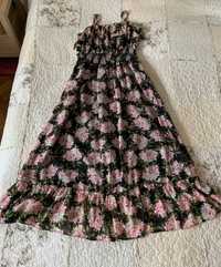 Cudna czarna długa sukienka z falbankami w kwiaty rozm. 38-42