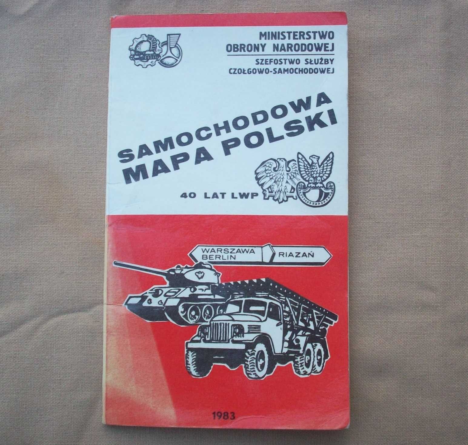 Samochodowa mapa Polski MON, połówkowa, dwustronna, 1983, PRL.