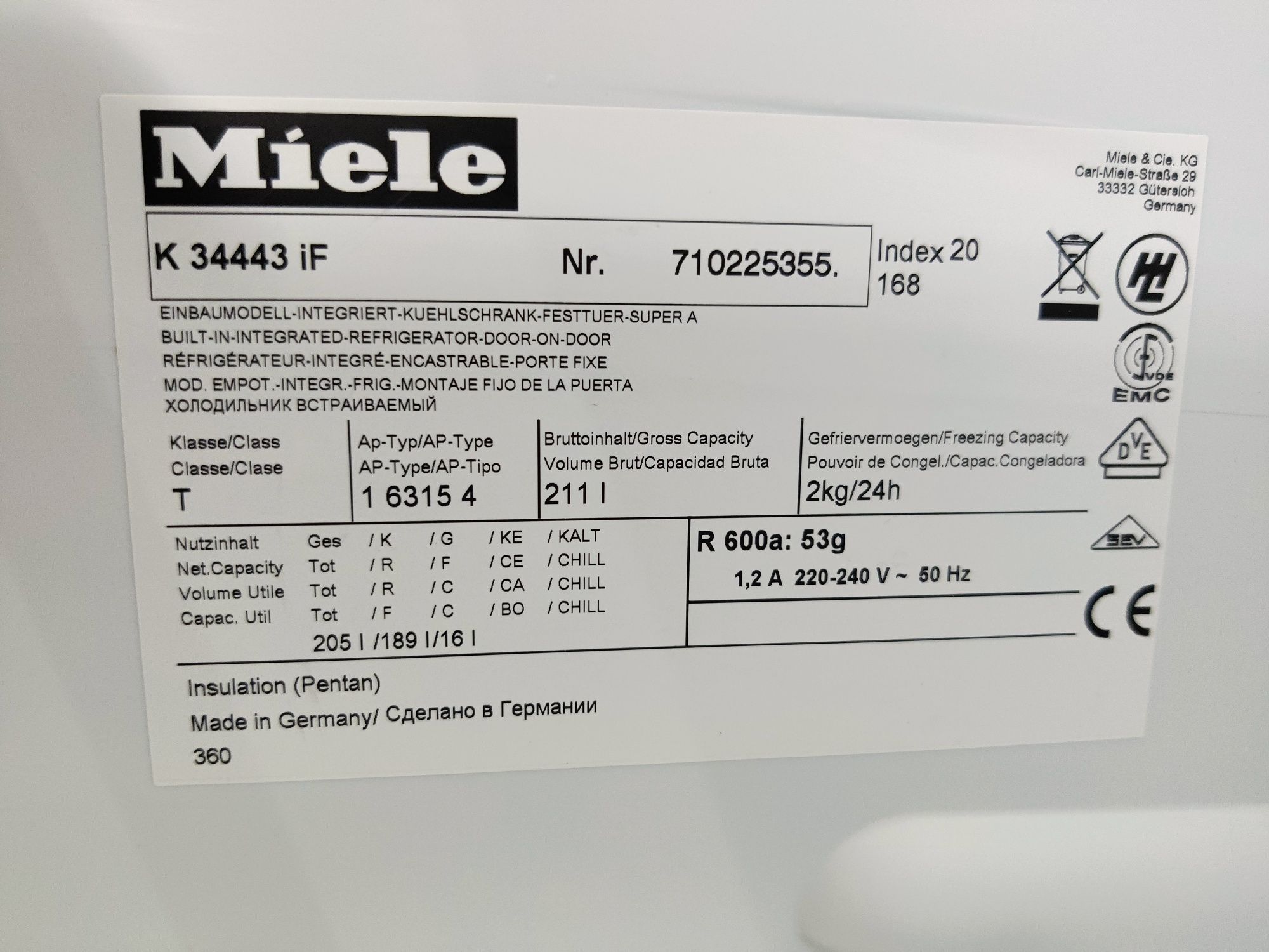 MIELE™ K3444iF. Встраиваемый сенсорный холодильник. Made in Germany