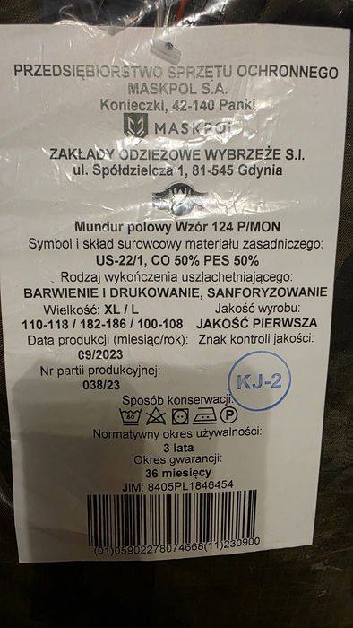 Mundur połowy 124P/MON XL/L zamienię na L/XL letni