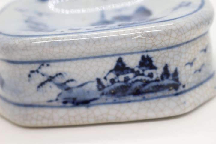 Saleiro Porcelana China Qianlong XIX Decoração Cantão Pagodes e Ponte
