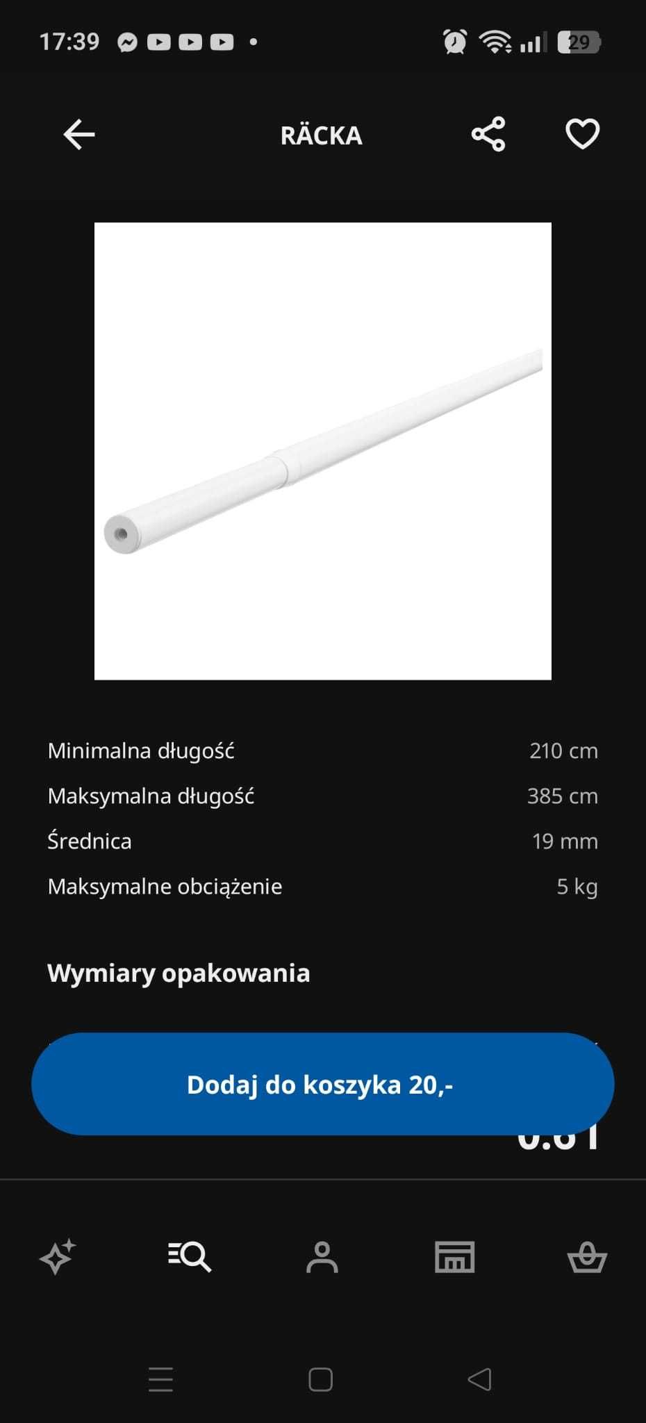 Karnisz IKEA Räcka - 210-385 - 19 mm - NOWY