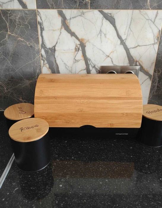 Nowy Chlebak + 3x Pojemniki Czarny Komplet Kuchenny Loft