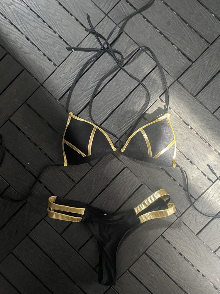 Strój kąpielowy Bikini Złoto- czarne sexy M/L półstringi NOWE