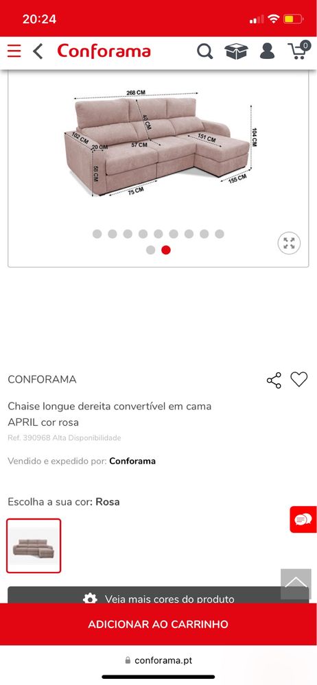 Sofá Conforama Cor de Rosa