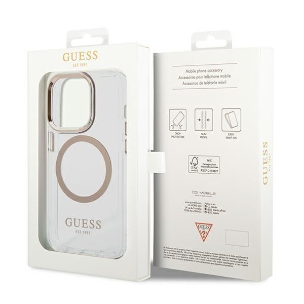 Guess Etui iPhone 14 Pro 6,1" Metal Outline Magsafe Złoty