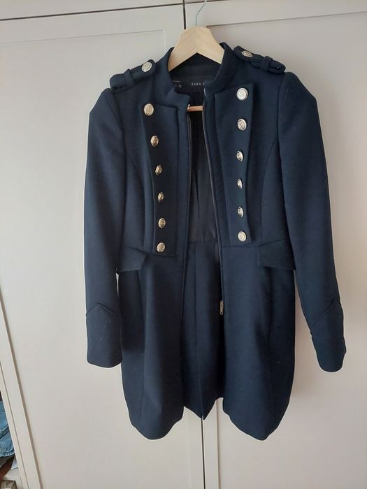 Wełniany płaszcz militarny 36 34 xs s zara granatowy