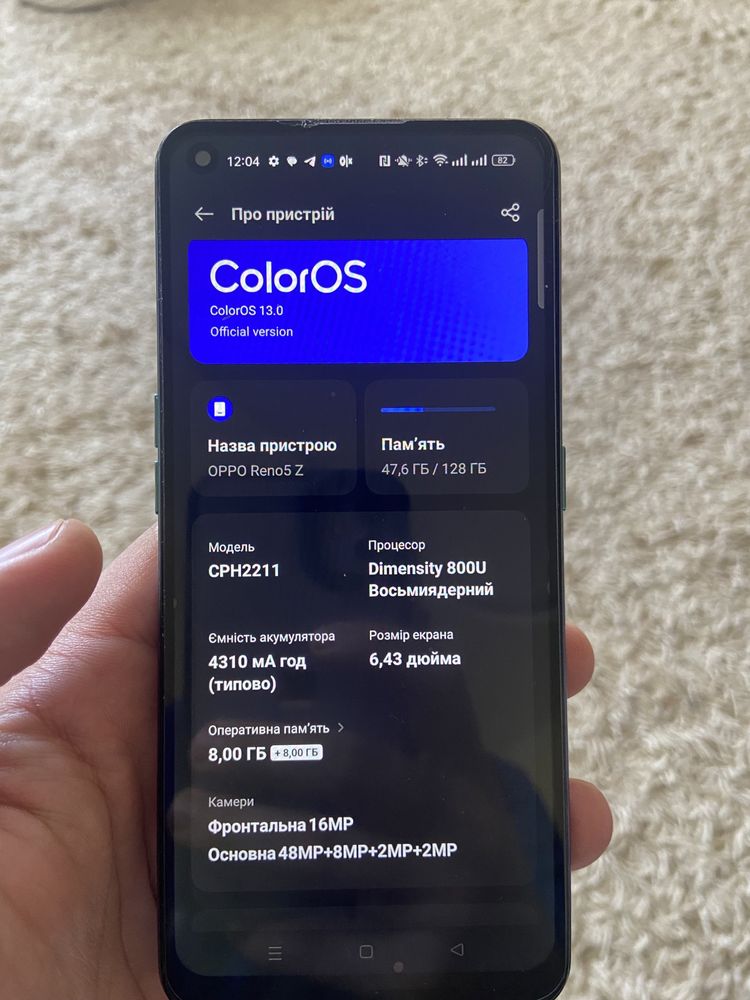 Oppo reno 5 z 8 + 8оперативки 128 встроєної