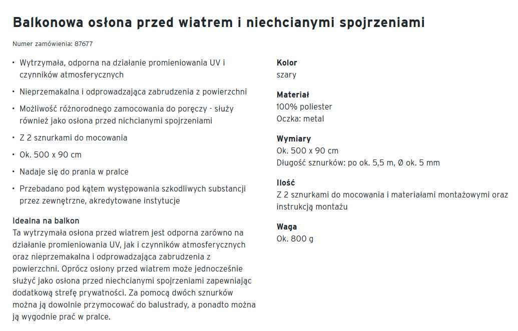 Osłona balkonowa szara - Tchibo - NOWA