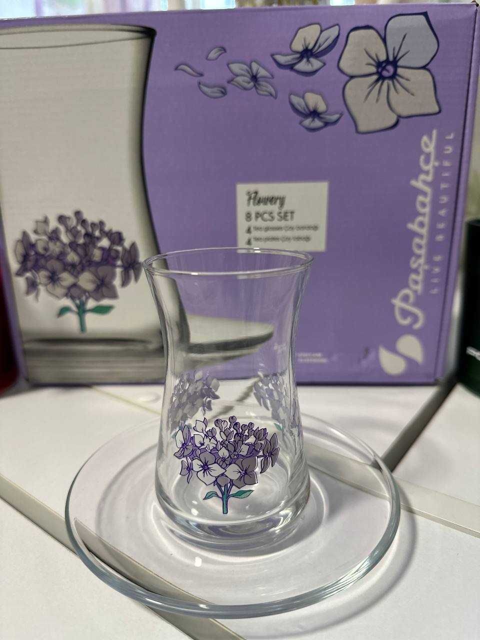турецькі стакани  з фіолетовий квітковим малюнком, набір на 4 персони