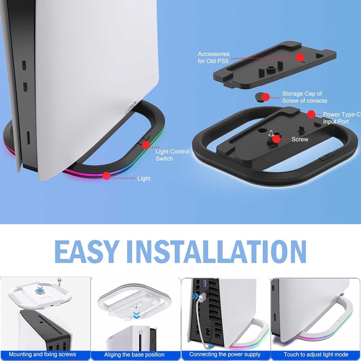 Pionowy stojak na konsolę PS5 Slim z oświetlenia RGB Antypoślizgowa