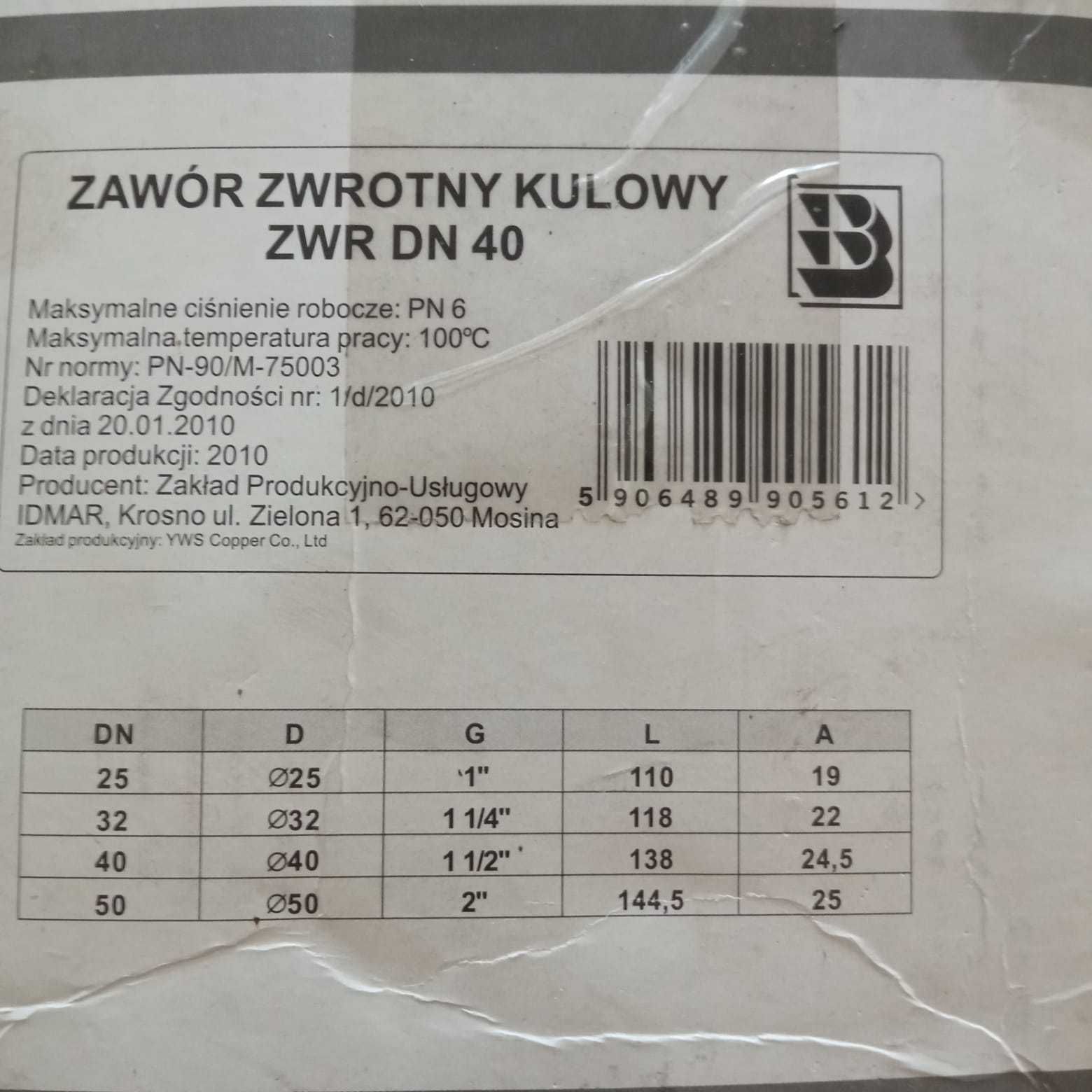 Zawór zwrotny kulowy, różnicowy DN 40 1 1/2 IDMAR