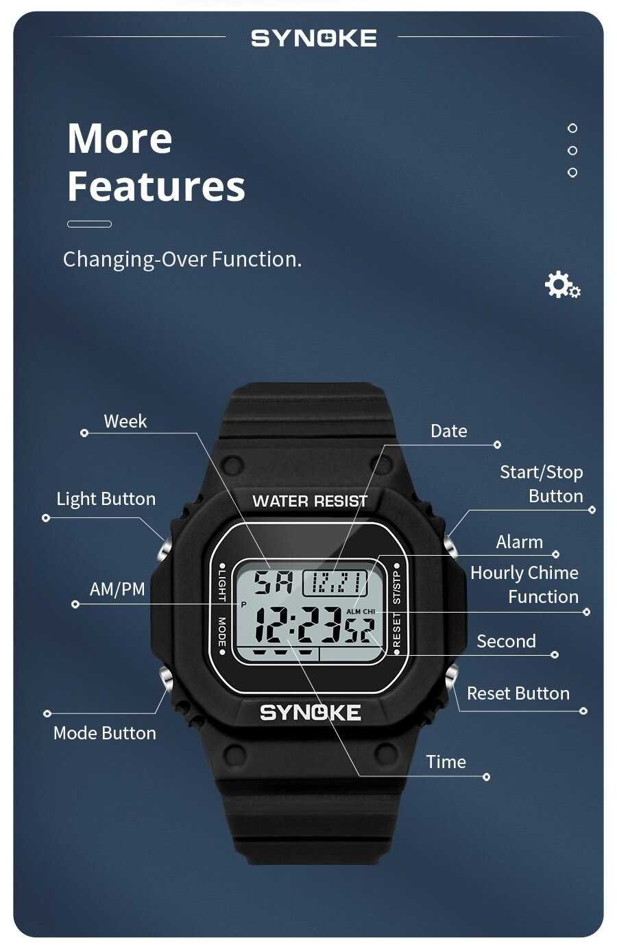 Zegarek elektroniczny męski Synoke sportowy stoper retro PRL WR50