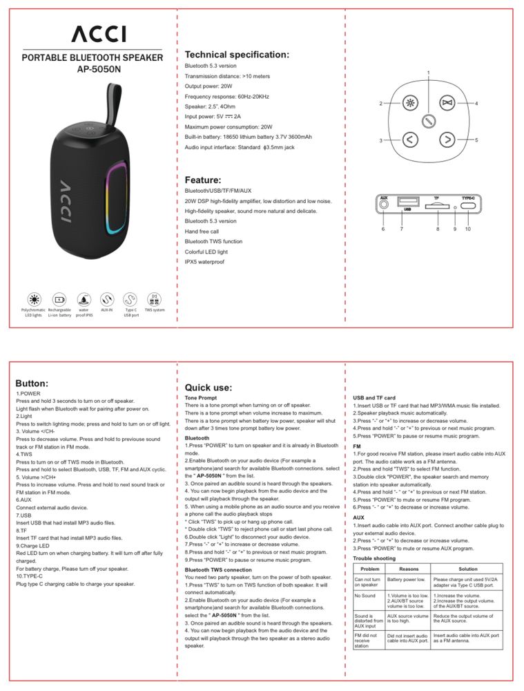 Głośnik Bluetooth Pomarańczowy RGB