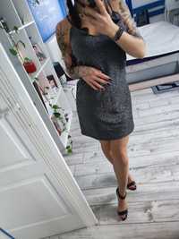 Czarno-srebrna brokatowa sukienka na ramiączka bik bok rozmiar S Sylwe