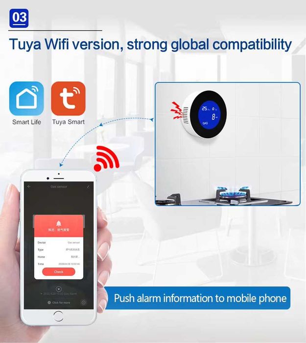 Датчик витоку газу Wi-Fi розумний дім Tuya з годинником