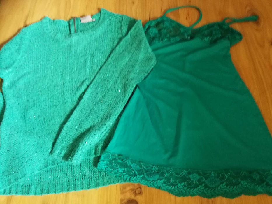 Sweter + halka z cekinami turkus plus halka z koronką
