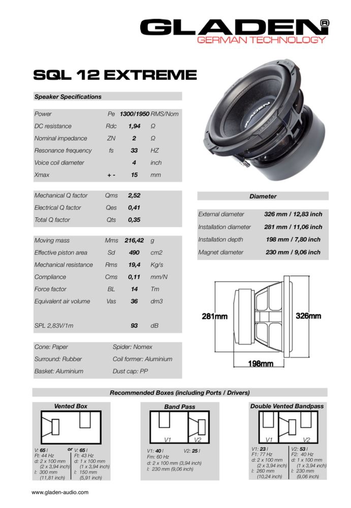 Glosnik subwoofer samochodowy Gladen SQL 12 Extreme 1300W RMS