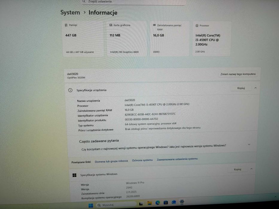 Bardzo ładny Komputer Dell optiplex 3020/3020m i5 16GB RAM 480SSD