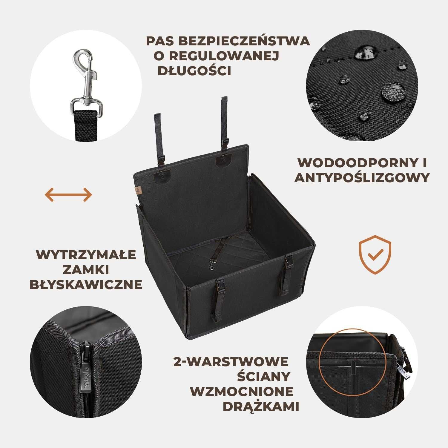 Stabilne siedzisko dla psa do auta – 58×50×50 cm, pas bezpieczeństwa