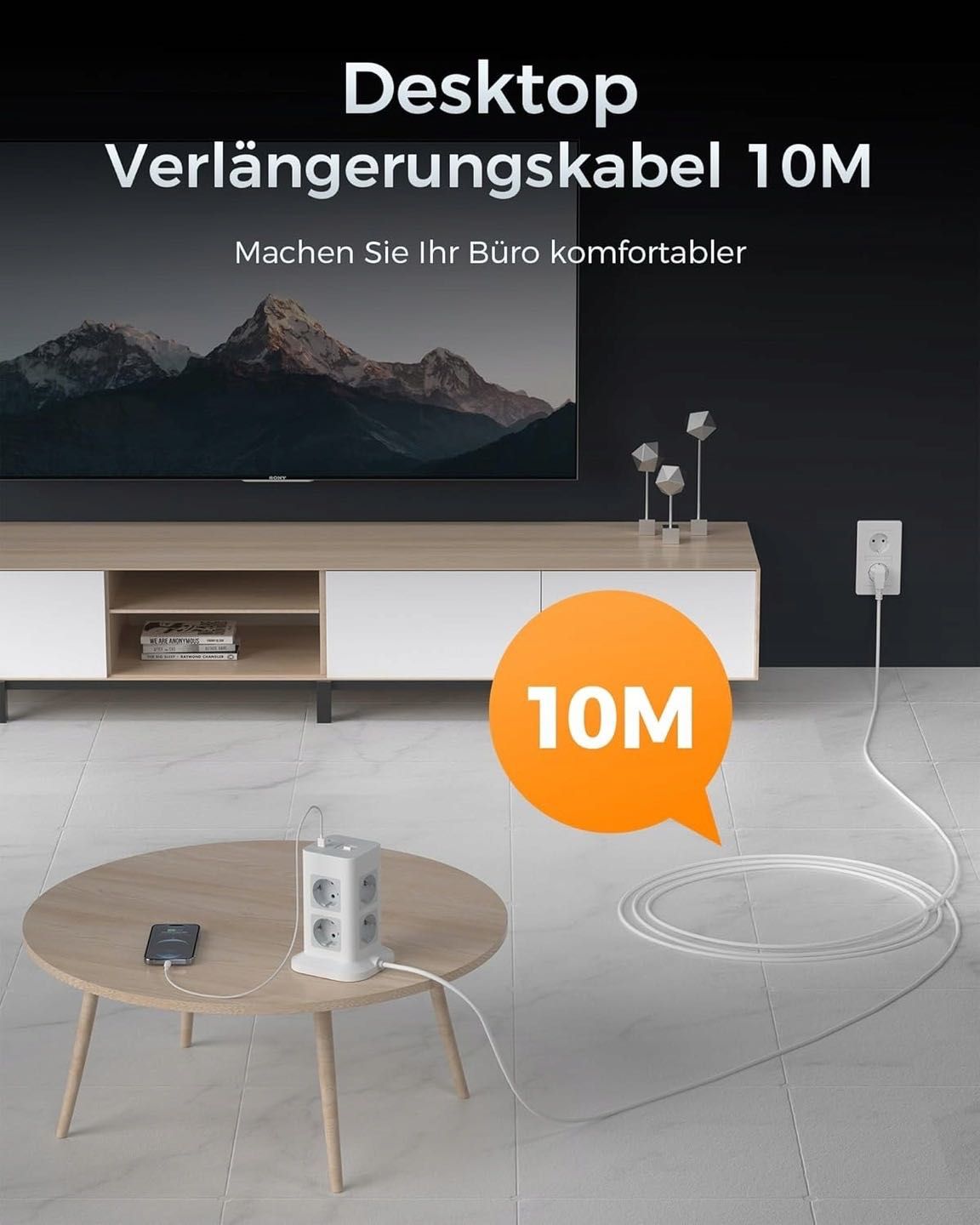 Listwa stojąca KOMPAKTOWA Tessan 8xAC 2xUSB-A 1xUSB-C 3600W 10M