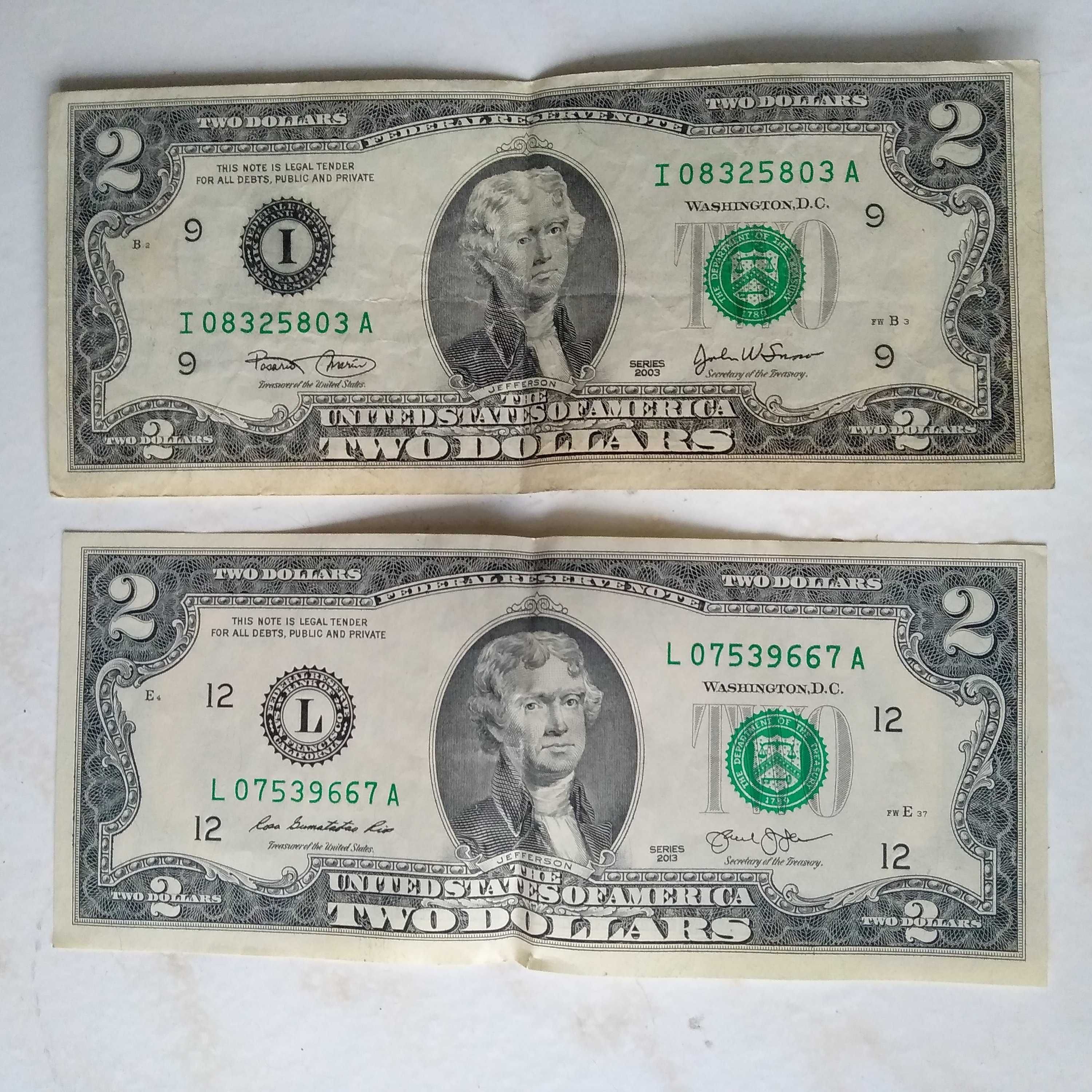 Купюра два доллара США 1976 г серия "К" и "В"