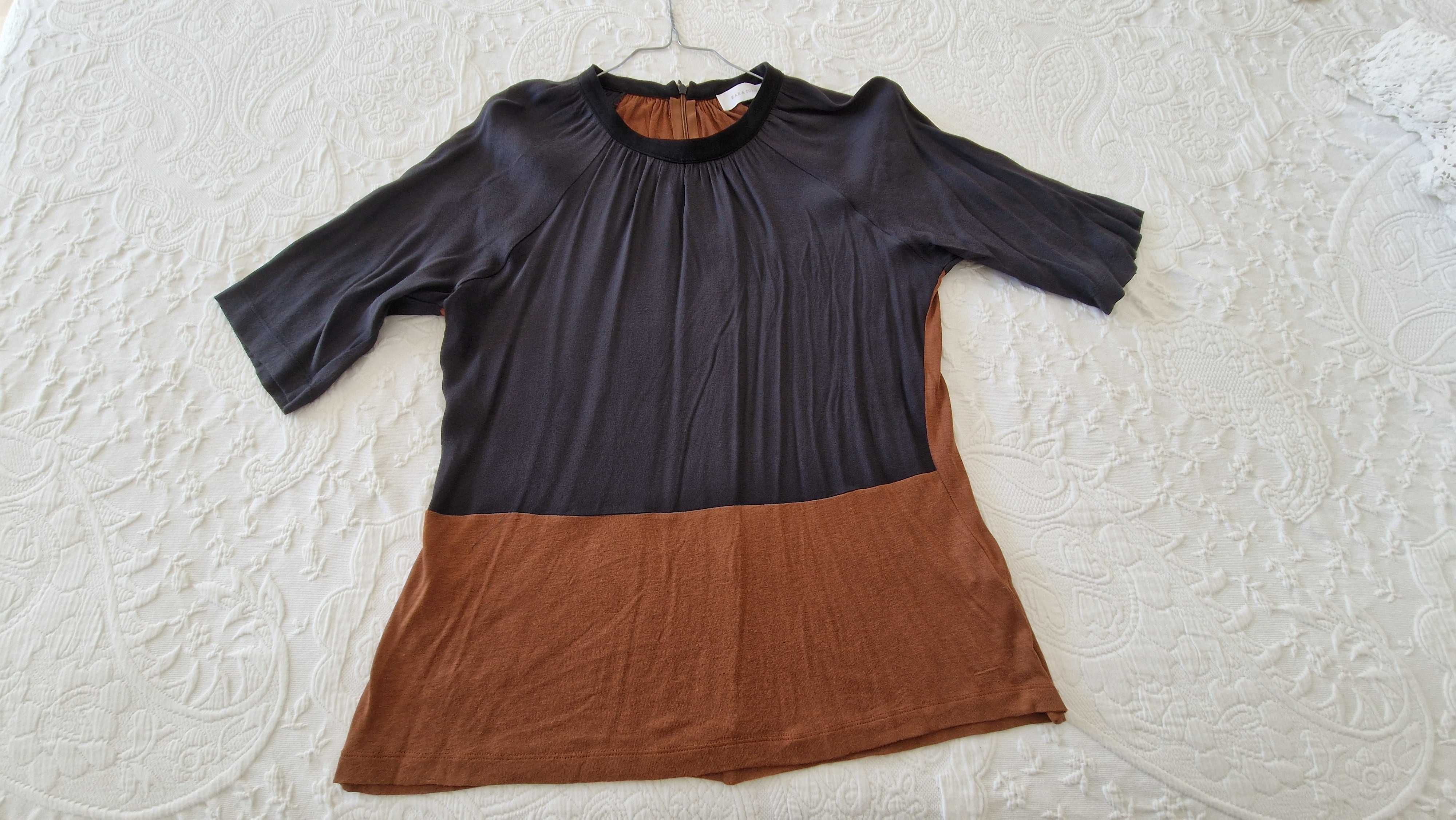 Blusa manga 3 quartos, cor cinza e castanho, Zara, tamanho M