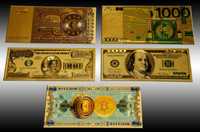 Золоті банкноти Долари, Євро та Біткоїни