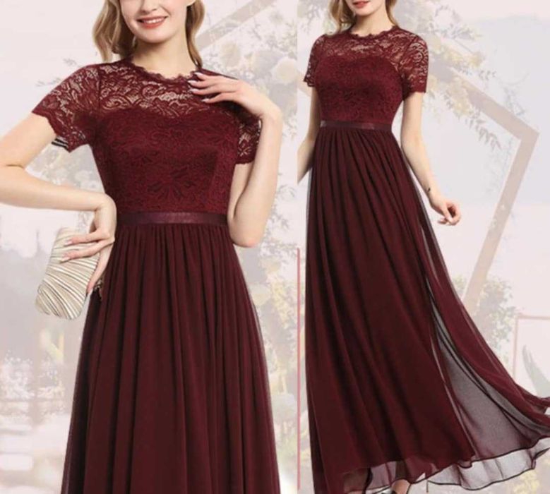 Elegancka bordowa sukienka maxi z koronką L