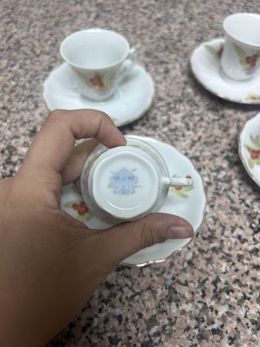 Conjunto 6 Chavenas com pires porcelana floral com bagas