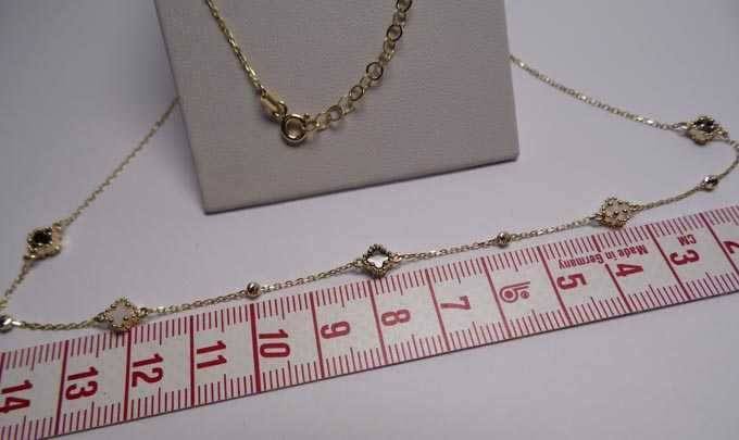 Złoty naszyjnik koniczynki i diamentowane kulki 42 - 45 cm.