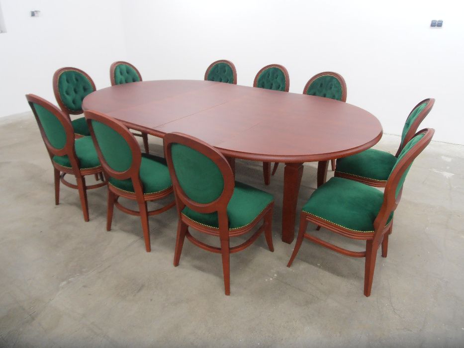 Stół okrągły bukowy 150cm x 350cm rozkładany 8 Nóg i 10 krzeseł