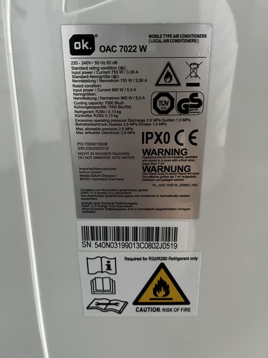 Klimatyzator przenośny OK. OAC 7022 W