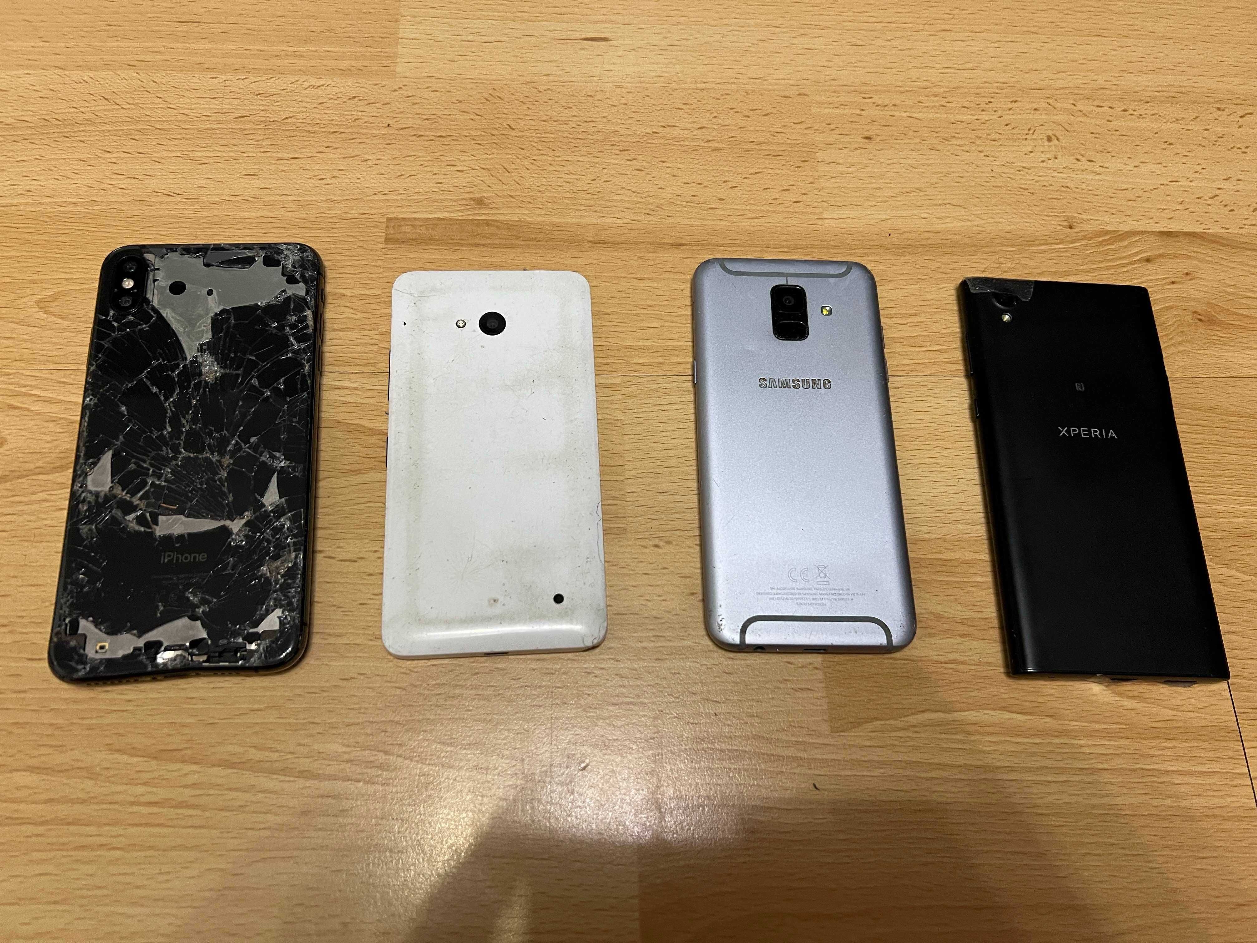 Zestaw uszkodzonych telefonów, iPhone XS Max, Samsung, Xperia, Lumia