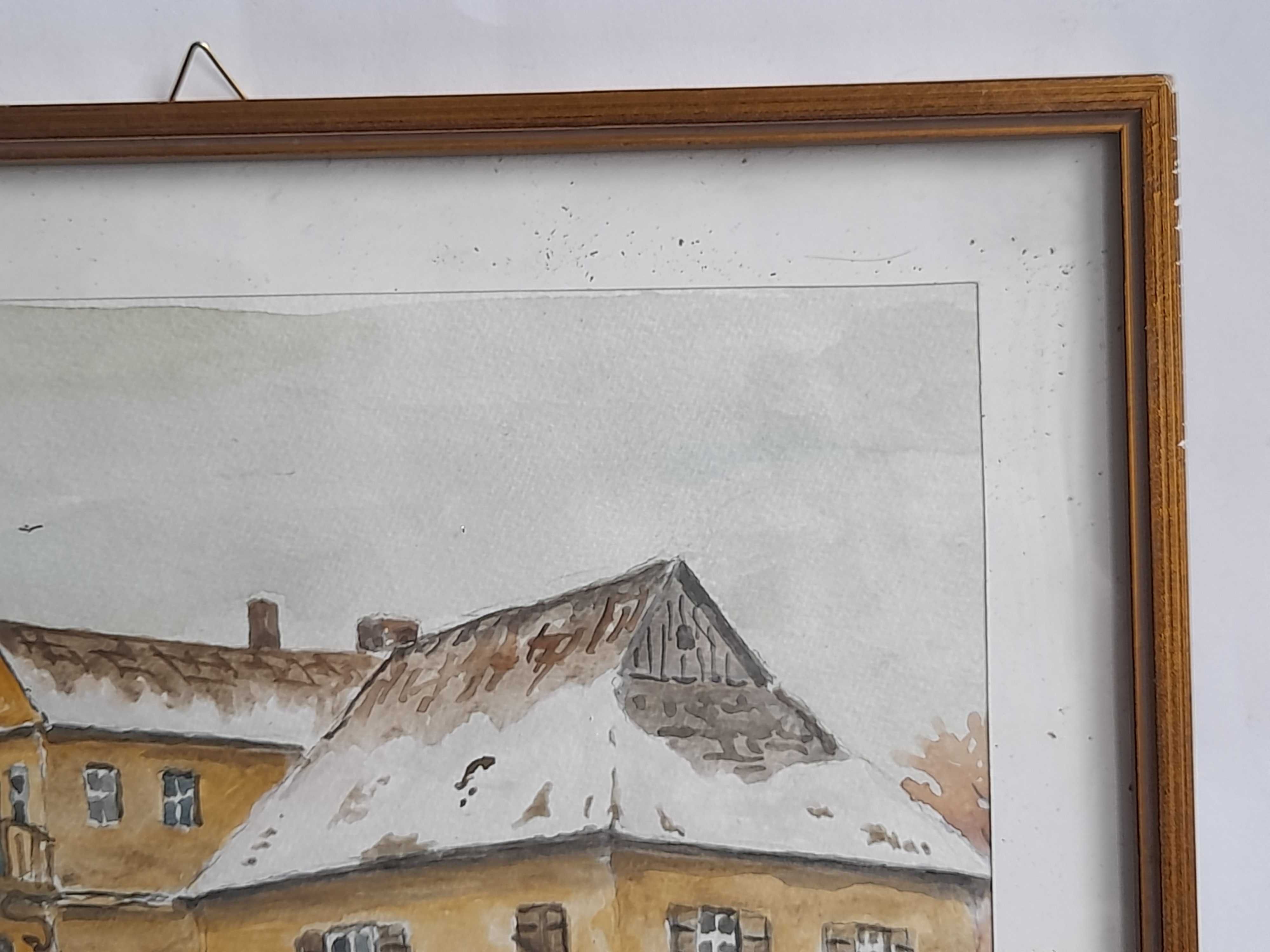 Obraz akwarela Widok dworku z saniami zimą (sygnowany)