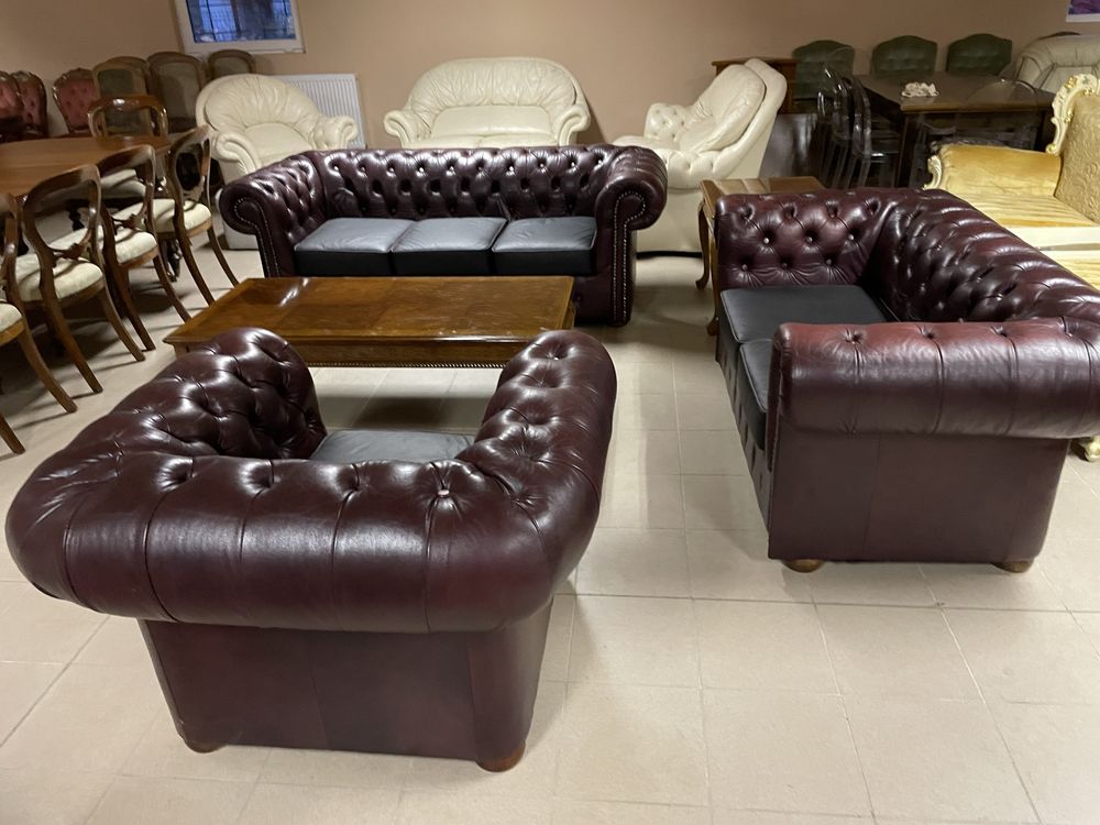 Komplet Wypoczynkowy Skórzany Skóra Chesterfield Londyn Angielski