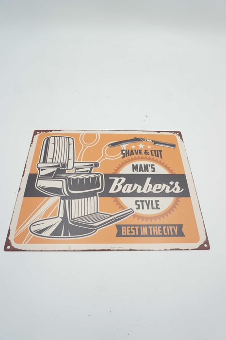 BLASZANY szyld-tabliczka“MAN’S BARBER’S STYLE” 20X25 cm.2