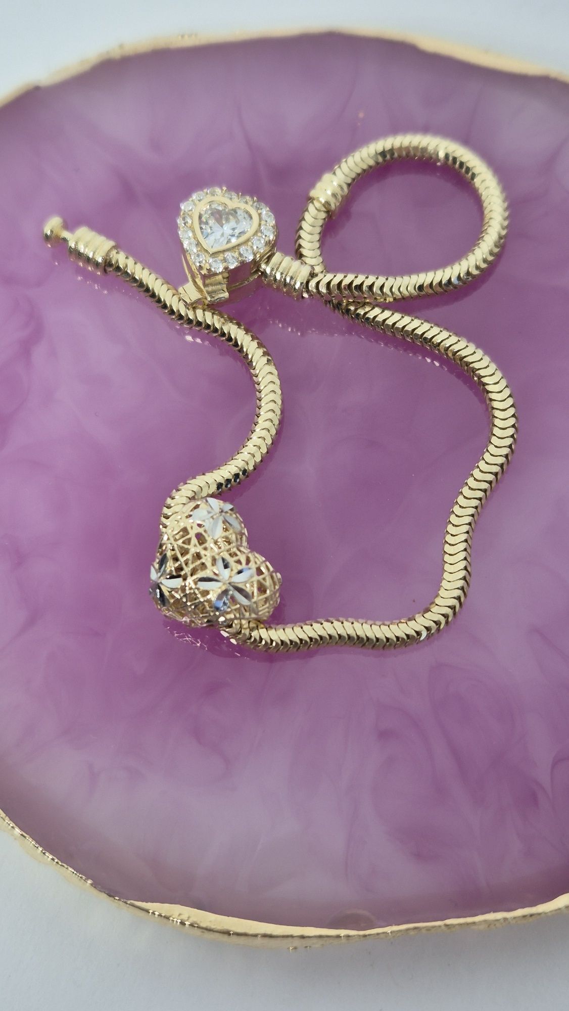Nowy złoty charms do bransoletki typu Pandora serce dwa kolory złota