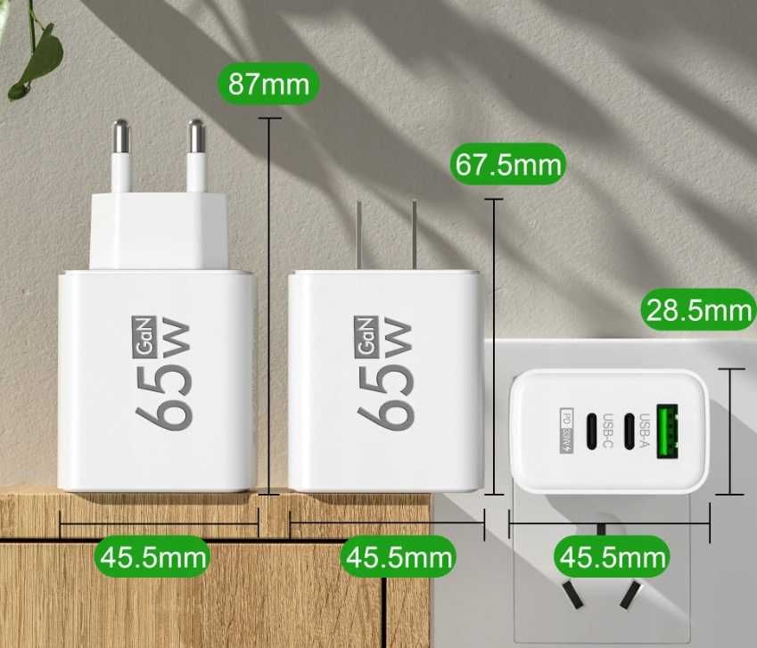 Szybka Ładowarka SIECIOWA 65W GaN 1xUSB A 2x USB C QC 3.0, PD 33W Biel