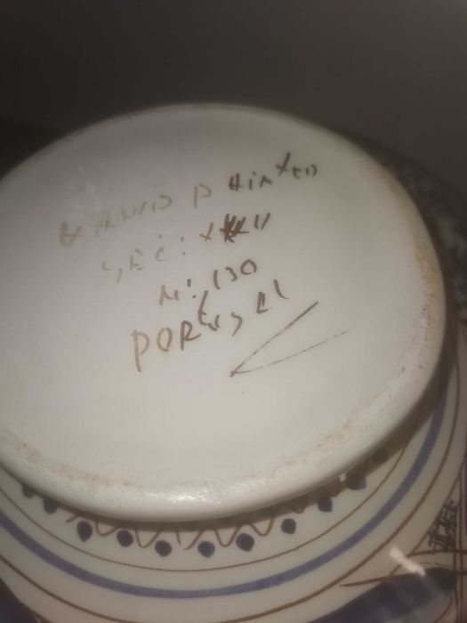 Terrina antiga com travessa e concha pintada à  mão