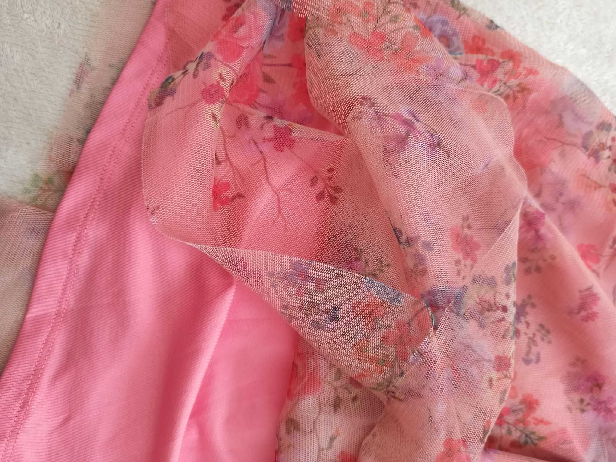 Różowa letnia sukienka z tiulem mesh w kwiaty XL 42
