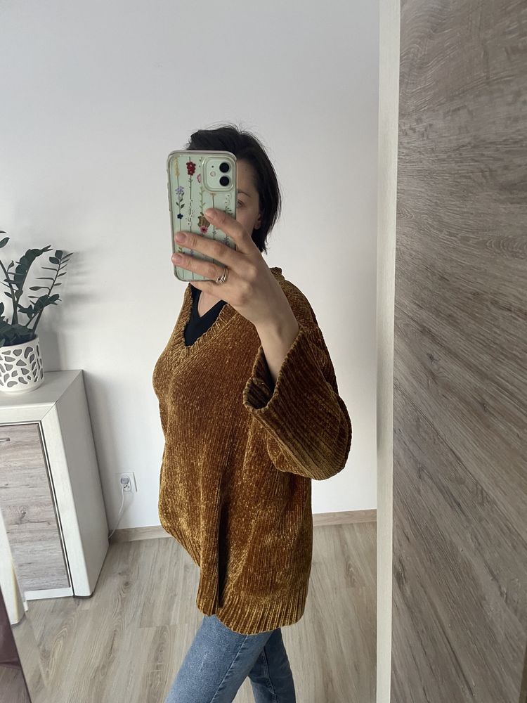 Zara sweter szenilowy musztardowy oversize