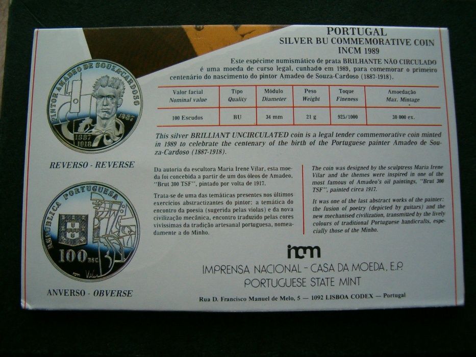 Moeda 100$00 - Amadeu Sousa Cardoso / 1987 / Prata BNC