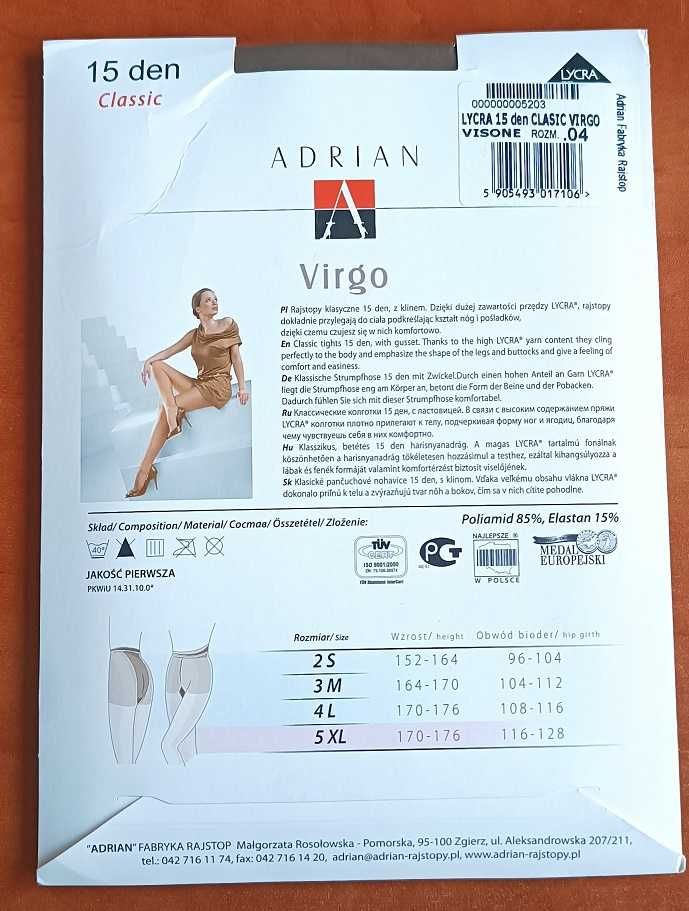 Rajstopy damskie gładkie virgo 15 den Adrian, r.4 visone